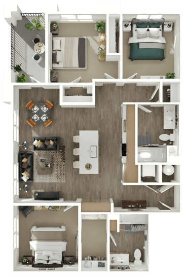 Floor plan for 3 beds, 2 baths, 1242 sqft